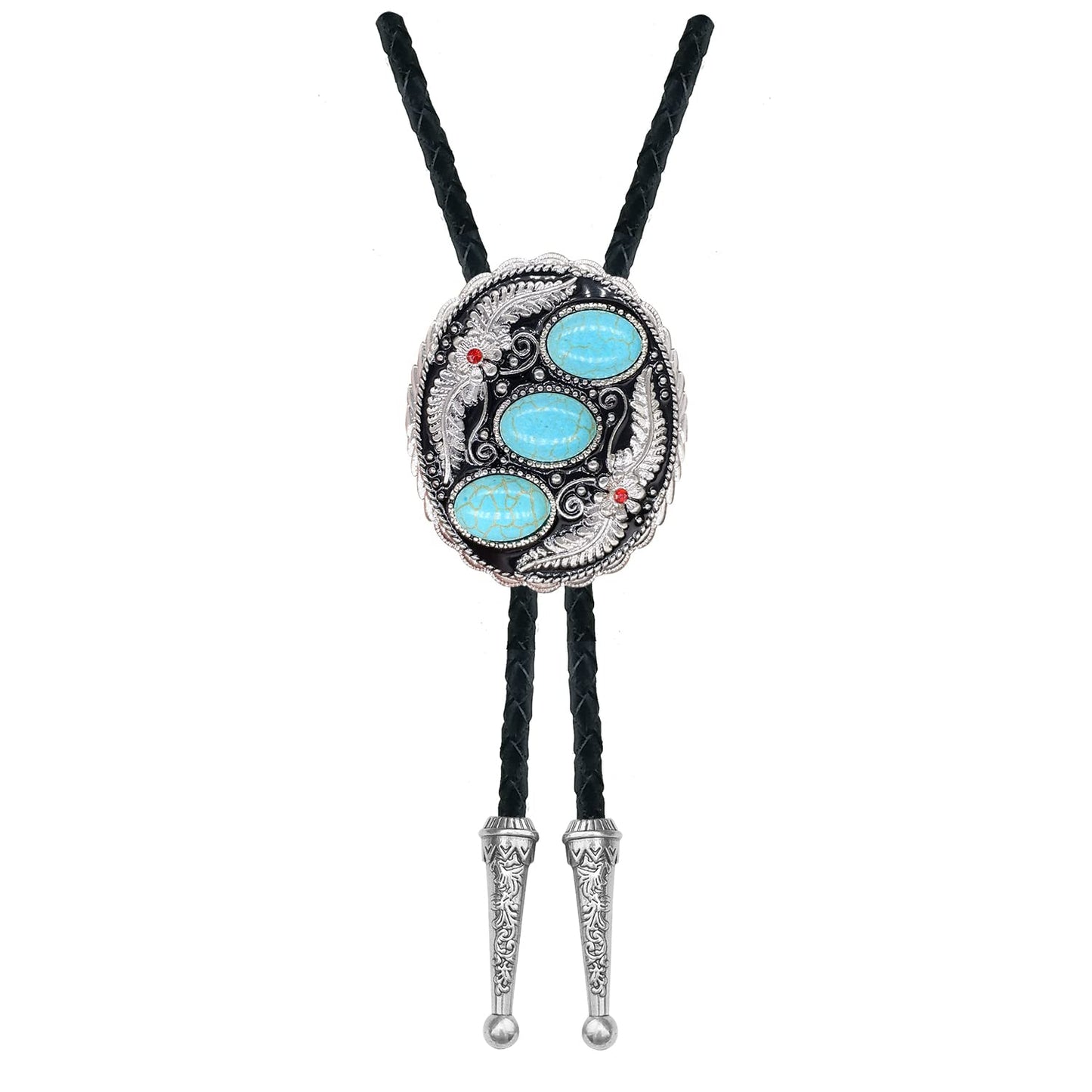 QUKE Vintage Native American Western Cowboy Three Blue Turquoise Stone Bolo Tie Hand-woven Leather Bola Tie Necktie for Men