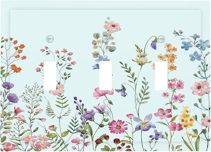Rustic Wild Floral Vintage Blue Watercolor Flower 3 Gang Light Switch Covers Decorative Unique Triple Toggle Wall Plate Electrical Faceplate Switchplate for Bathroom Bedroom Home Decor