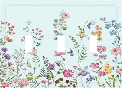 Rustic Wild Floral Vintage Blue Watercolor Flower 3 Gang Light Switch Covers Decorative Unique Triple Toggle Wall Plate Electrical Faceplate Switchplate for Bathroom Bedroom Home Decor