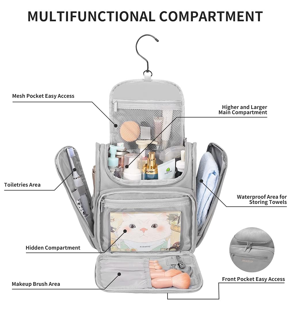 BOOMRICH Large Toiletry Bag for Women, Hanging Leather Travel Makeup Bag with 360° Hook and Shoulder Strap, Travel Organizer for Full Sized Container, Toiletries, Brushes (Grey)