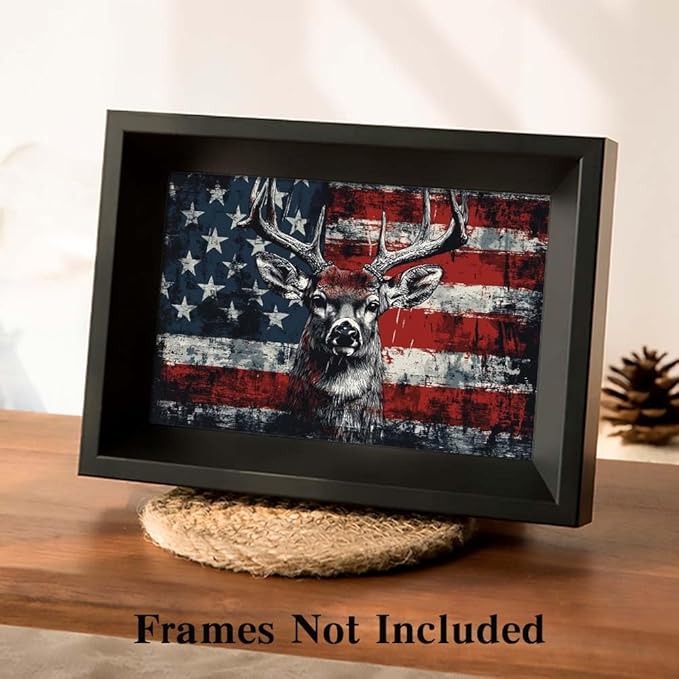 Yesad American Flag Deer Canvas Wall Art, Animal Head Rustic Wall Décor Christmas Paintings Pictures Nature Artwork Modern Poster for Farmhouse, Living Room, Bedroom, Office (Unframed,12”x8”,Deer1)