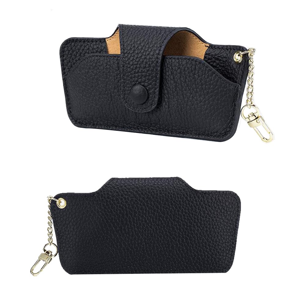 ZZHAOYI Genuine Leather Glasses Case Portable Slim Sunglasses Pouch Soft Leather Glasses Sleeve with Hardware Chain for Men and Women (Black)