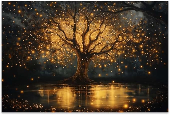 Yesad Tree of Life Canvas Wall Art, Spiritual Wall Art Fairy Lights Prints Landscape Painting Wall Décor for Living Room Bedroom Farmhouse Housewarming Gift (Unframed,12”x8”, Tree7)