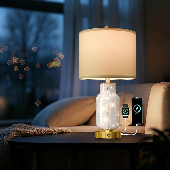 Oneach 22" Glass Table Lamps Set of 2, White Modern Bedside Lamp with LED Night Light for Living Room, Nightstand Lamp with USB Ports for Bedrooms, Study Room, End Table(2 Bulbs Included)