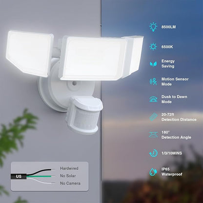 85W LED Security Lights Motion Sensor Light Outdoor, 8500LM Dusk to Dawn, IP65 Waterproof, 6500K, 3 Head Motion Detected Flood Light, Floodlight for Outside, Garage, Yard, Porch (White)