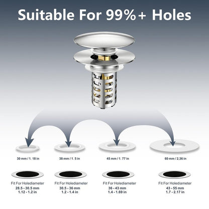 HUAERSICO Pop Up Bathroom Sink Stopper, Universal Bathroom Sink Drain Strainer with Hair Catcher, for 1.1"-2.17" Drains, Brass Core & Stainless Steel Mesh
