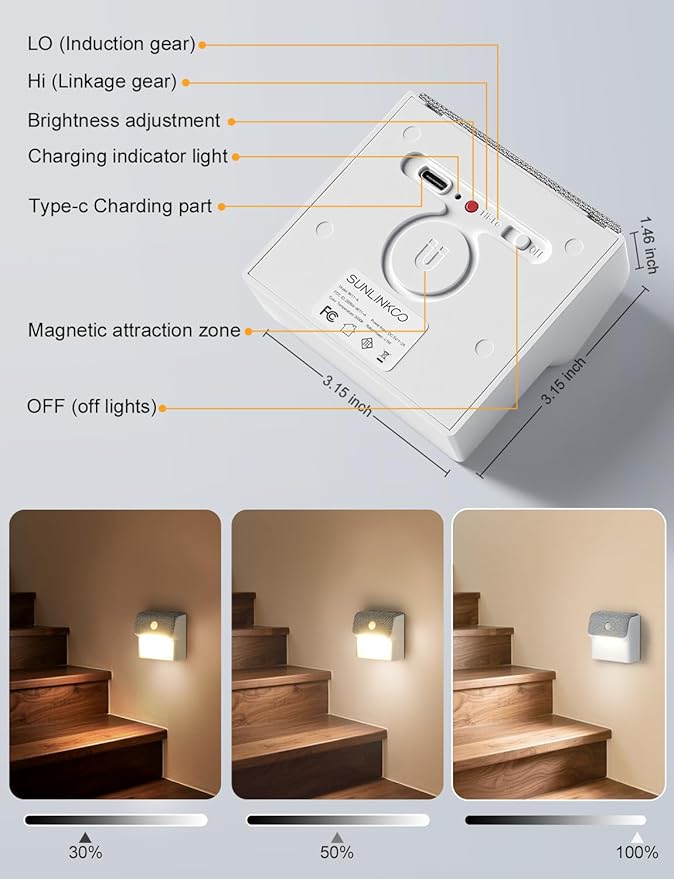 LED Linkage Motion Sensor Night Light, Magnetic Stick-On Motion Activated Light, Rechargeable Battery Powered Wall Lamp, Dimmable Warm White Light, for Bedroom, Hallway, Stairs, Kitchen, 5 Pack