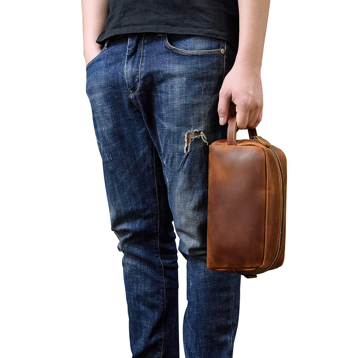 Toiletry Bag for Men or Women, Full Grain Leather Handcrafted Dopp Kit, Vintage Travel Leather Toiletry Travel Pouch, Large Cosmetic Bathroom Travel Shaving Bag, Fully Lined with Cotton Fabric