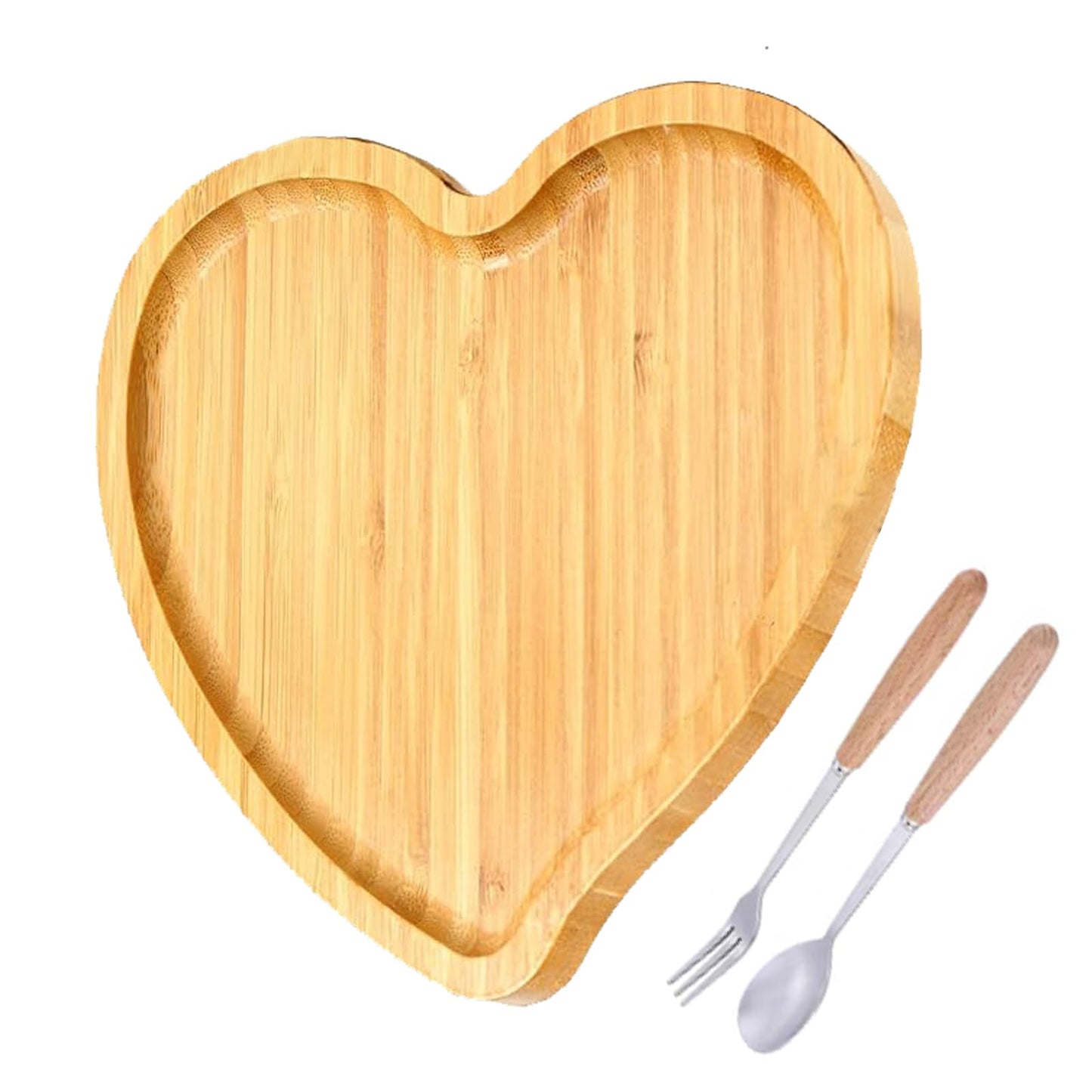 Heart Shaped Bamboo Wooden Serving Tray,Serving Platter & Jewelry Organizer Tray, Includes Coffee Spoon & Dessert Fork, for Home Restaurant Valentine Christmas Table Decor(9" x 8")