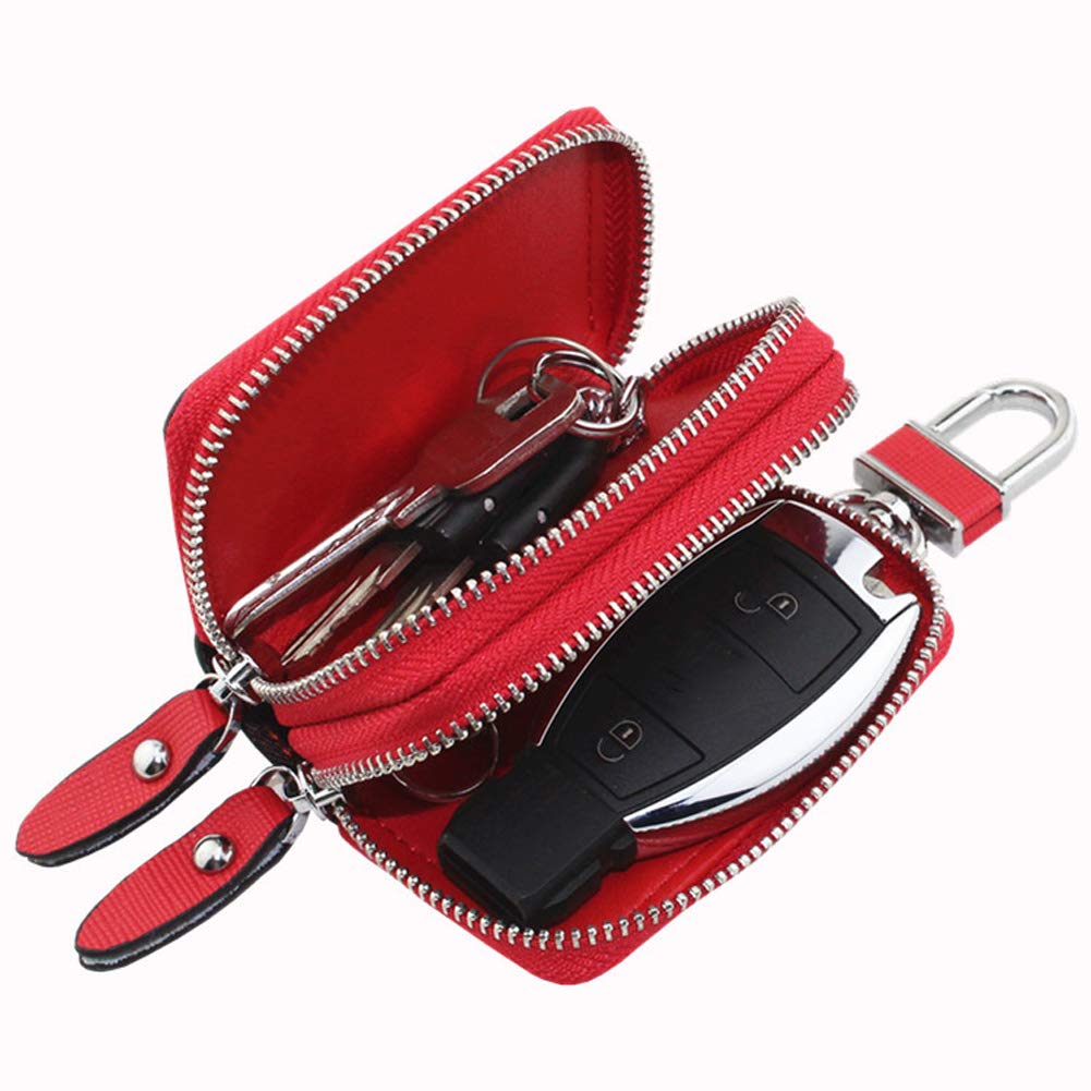 Berfi Life Key Fob Case Genuine Leather, Double Zipper Car Key Holder & Key Wallet with Keychain, Key Pouch for Purse Gift