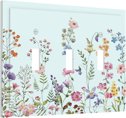 Rustic Wild Floral Vintage Blue Watercolor Flower 3 Gang Light Switch Covers Decorative Unique Triple Toggle Wall Plate Electrical Faceplate Switchplate for Bathroom Bedroom Home Decor