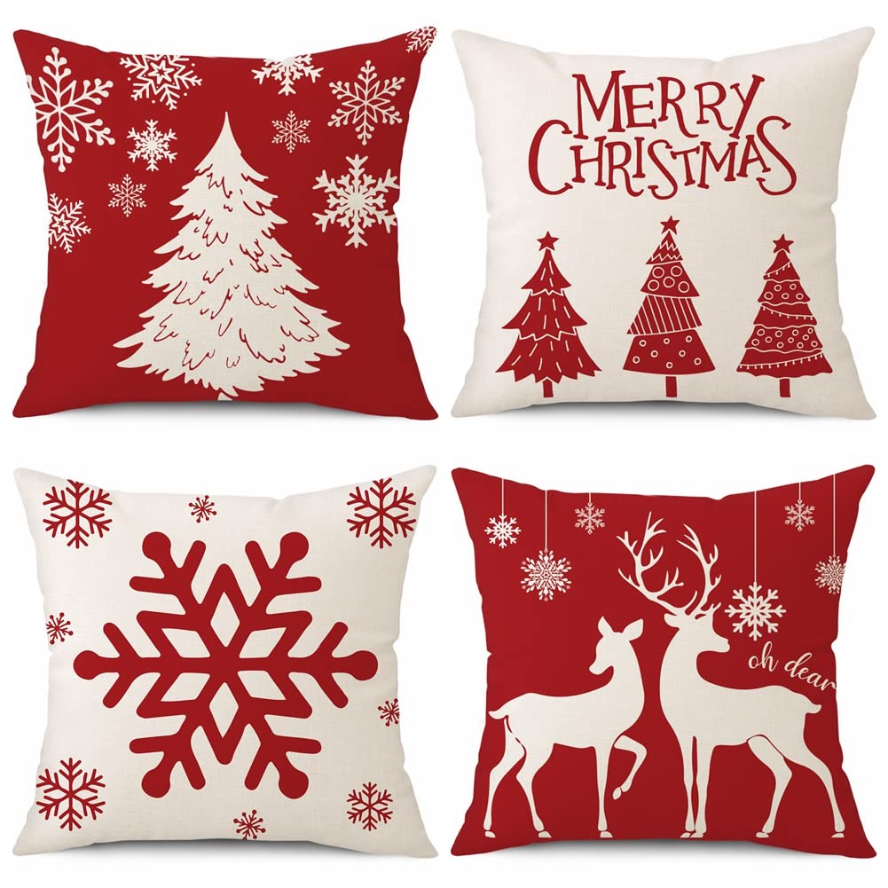 Coeufuedy Red Christmas Pillow Covers - 18x18 Inch Set of 4 Snowflake Trees & Deer Decorative Cushions for Home & Sofa