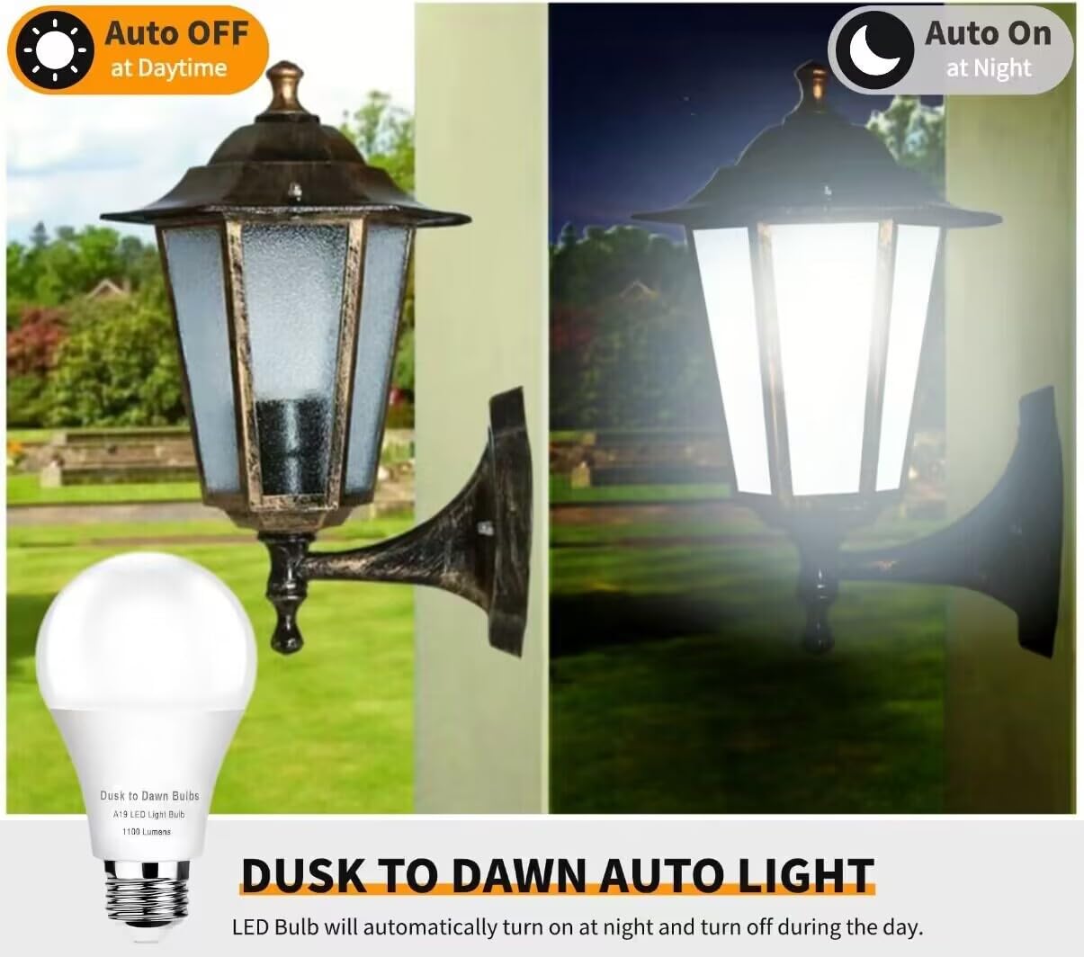 4-Pack Dusk to Dawn LED Light Bulbs, 75W Equivalent, Daylight 5000K 1,100LM, Automatic On/Off Outdoor Light, E26 A19 10W Bright Porch Light Bulbs, for Indoor/Outdoor Yard Patio Garage Garden