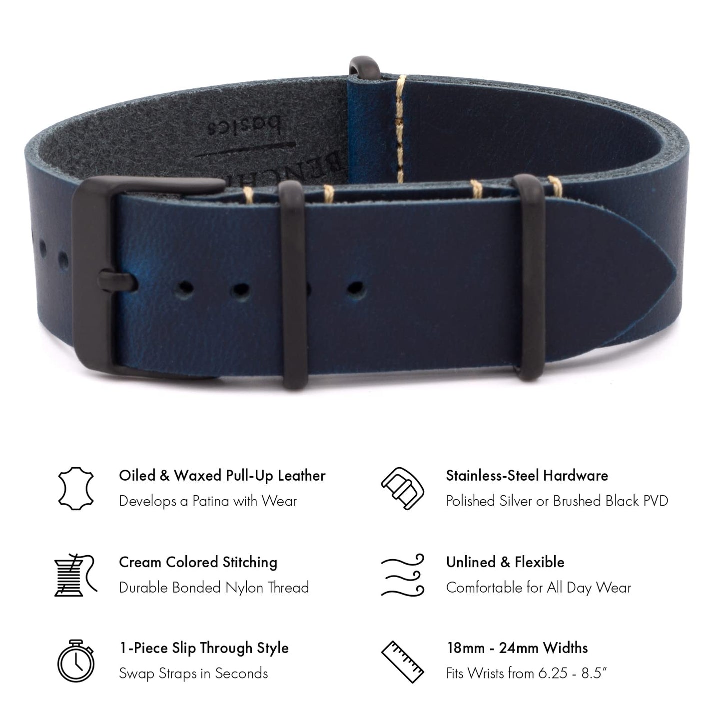 Benchmark Basics Leather Watch Band - Crazy Horse Oiled Leather One-Piece Watch Straps for Men & Women - Choice of Color & Width - 18mm, 20mm, 22mm or 24mm (22mm, Navy Blue PVD)