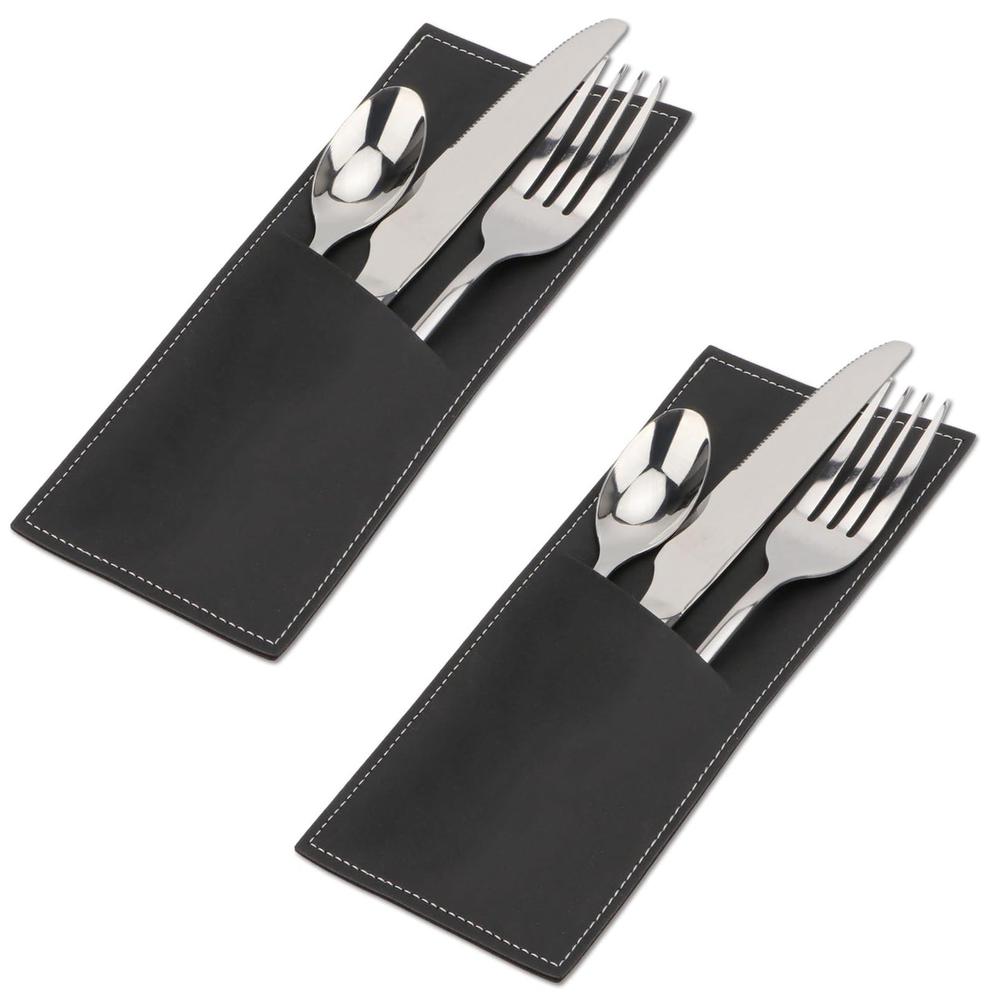 Brosay Leather Cutlery Sleeve Utensil Holders Pouch Bags Knife and Fork Silverware Sleeves for Christmas Halloween Thanksgiving Table Decor 2 Pcs (Black)