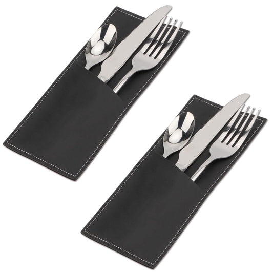 Brosay Leather Cutlery Sleeve Utensil Holders Pouch Bags Knife and Fork Silverware Sleeves for Christmas Halloween Thanksgiving Table Decor 2 Pcs (Black)