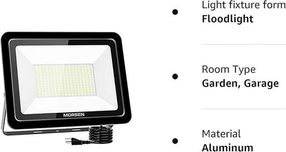 MORSEN 200W Flood Light Outdoor Plug in - 20000LM 5000K LED Flood Light, IP66 Waterproof, UL Listed Daylight Security Lights for Garden, Yard, Garage, Stadium, 2 Pack