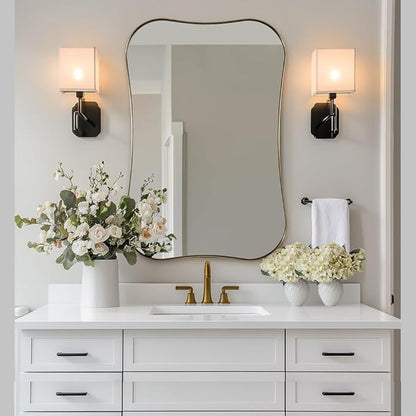 ANDY STAR 24x36 Inch Brushed Brass Scalloped Mirror, Modern Gold Bathroom Mirrors with Unique Notched Edges Design in 1 Inch Stainless Steel Frame Wall Mounted Horizontal/Vertical for Home Decor