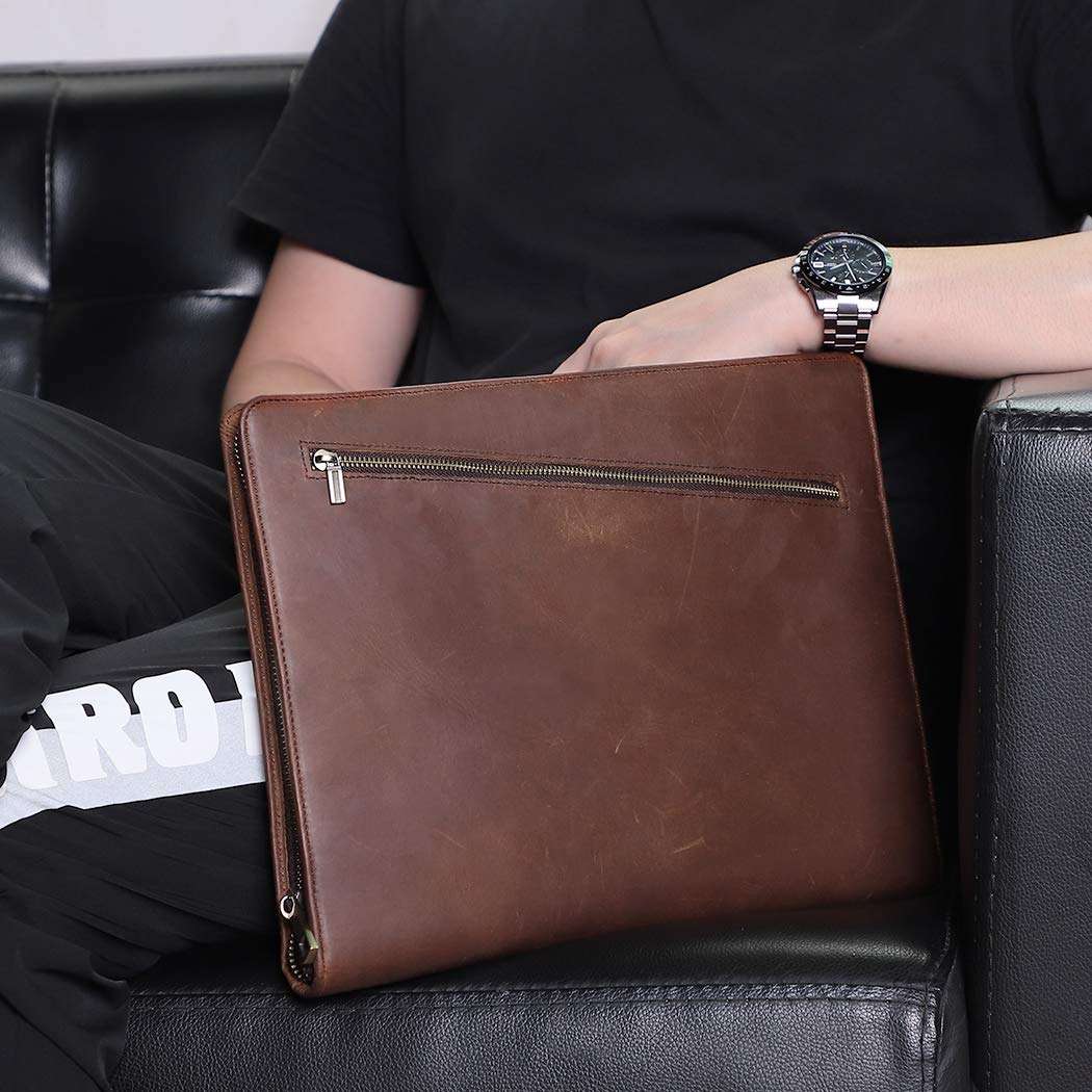 Crazy Horse Leather Portfolio Binder with 3-Zipper, Executive Padfolio Business Organizer & Resume Portfolio with iPad Holder, Legal Pad Portfolio for Men, Meetings, Interviews & Business Travel