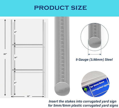 50 Pack H Frame Wire Stakes 30"x10", Metal Yard Sign Stakes for 4mm,5mm and 6mm Corrugated Plastic Yard Signs