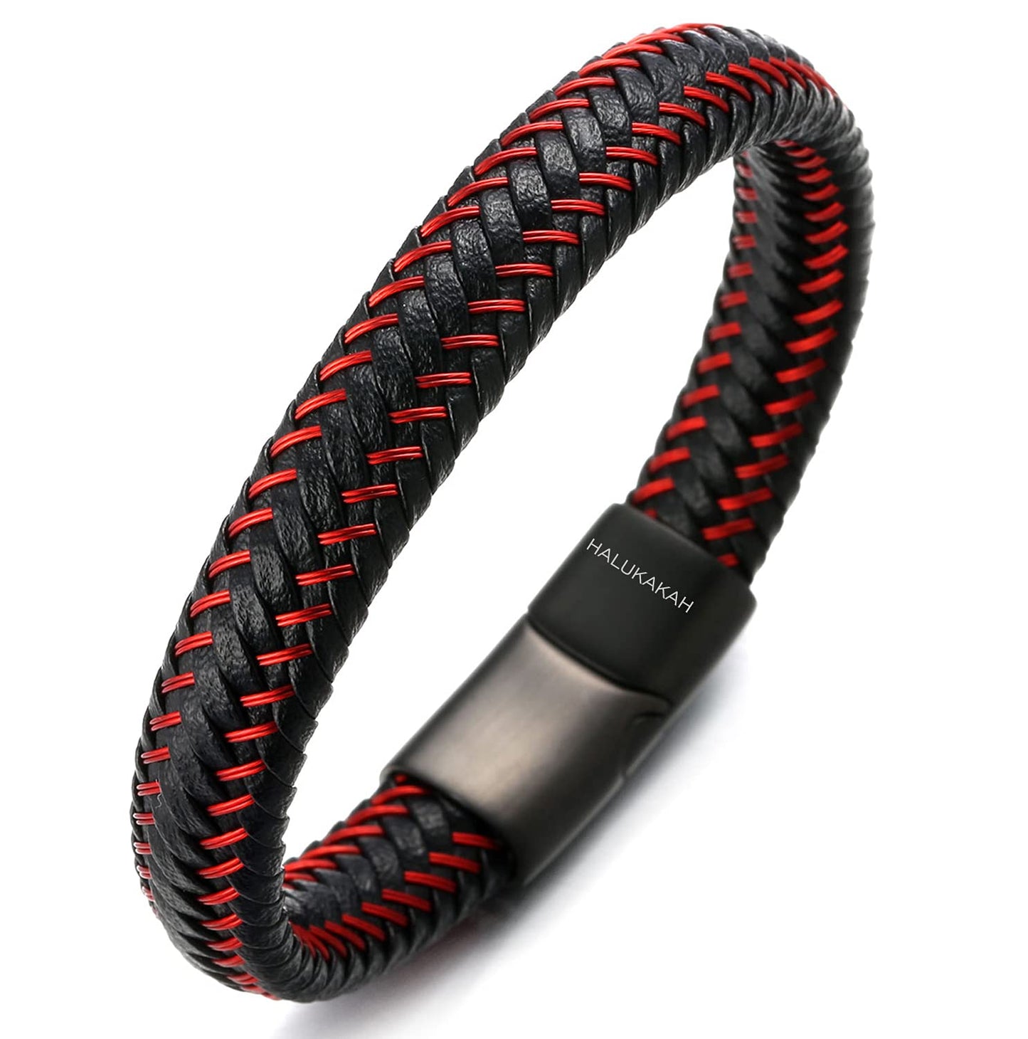 Halukakah ● Jazz ● Men's Genuine Black Leather Bracelet Black Titanium Magnetic Clasp 8.5" Free Giftbox (Maserati Red 8.5 inches)