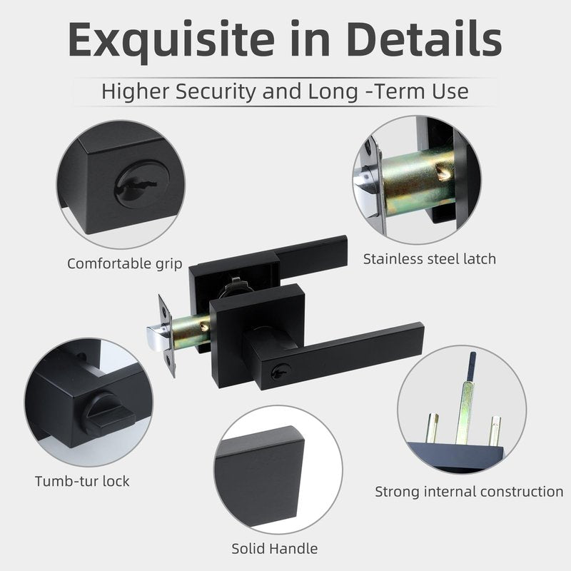 JO.KO Entry Door Lock Set, Square Door Lever for Bedroom, Passage Door Privacy Locking Interior/Exterior Entry Door Knob/Heavy Duty