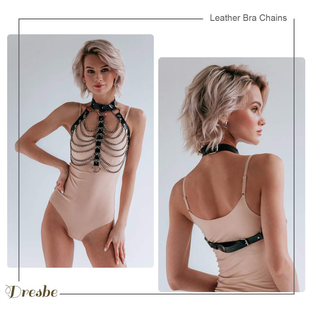 DRESBE Leather Chest Harness Chain Belt Black Fashion Rave Body Accessories for Women