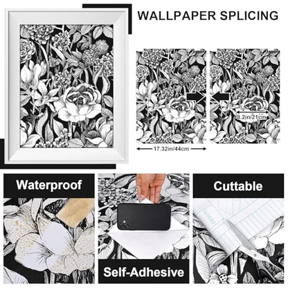 Black and White Floral Wallpaper A Set of 17.3"x120" Modern Boho Peel and Stick Wallpaper Self-Adhesive Removable Floral Contact Paper for Cabinets Drawer Shelf Liner