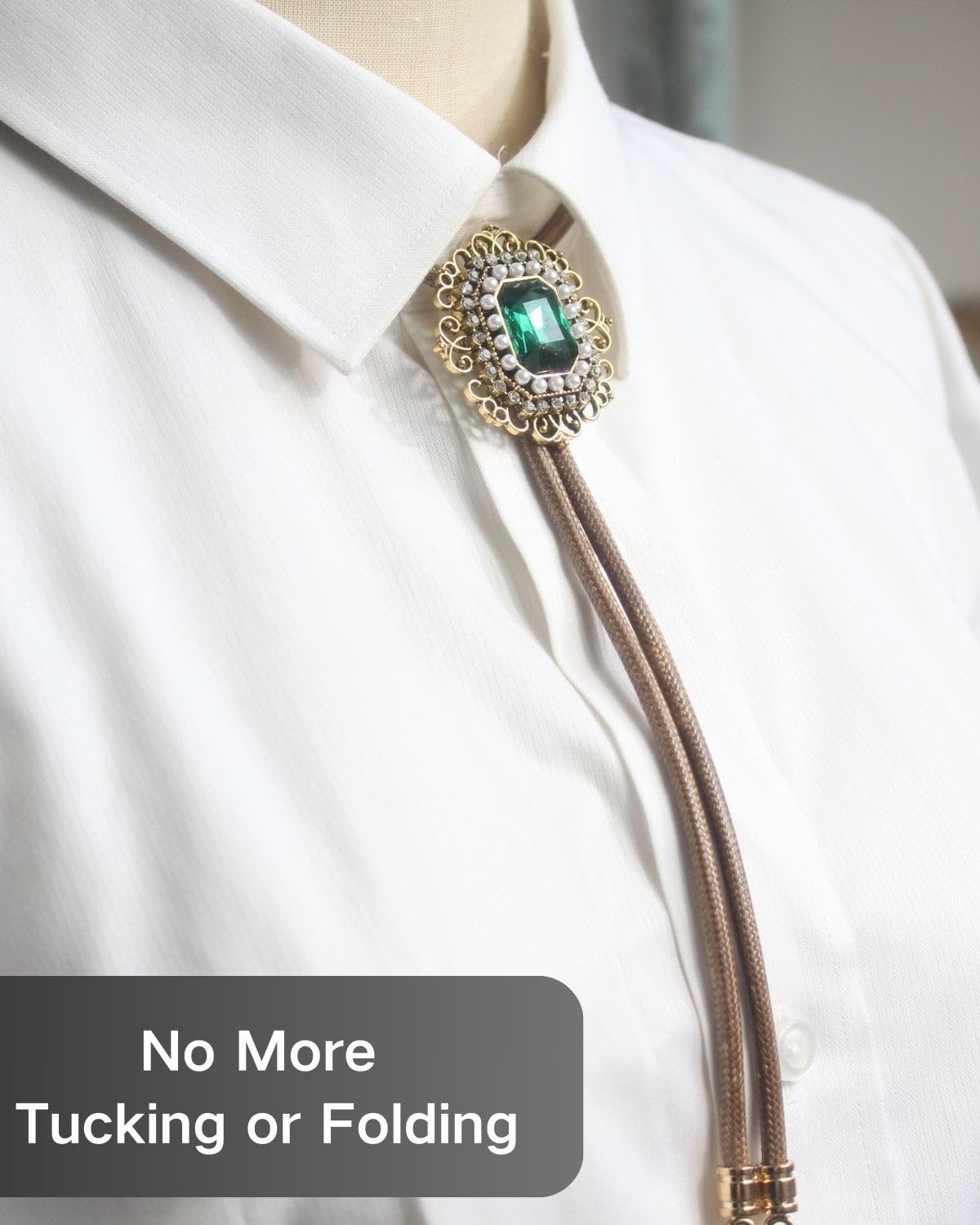 PEARLY JUN Bolo Tie for Men Women Rhinestone Emerald Gold Cowboy Brown Country Style Handmade Leather String Rodeo Festive Days Gifts