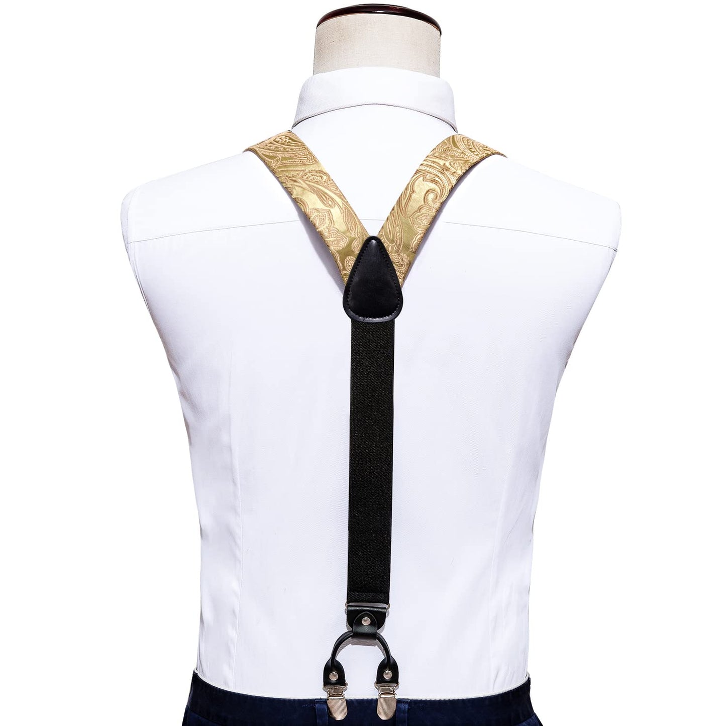 Barry.Wang Suspenders and Bow Tie Set for Men Solid Paisley Bowtie Y Shape Brace Handkerchief Cufflinks 6 Strong Clips