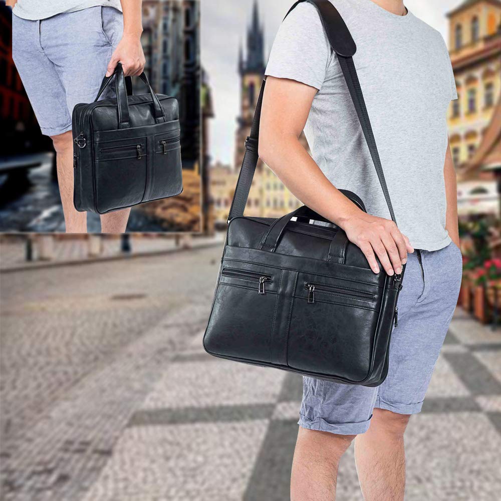 seyfocnia Men's Leather Messenger Bag, 15.6 Inches Laptop Briefcase Business Satchel Computer Handbag Shoulder Bag for Men-Black