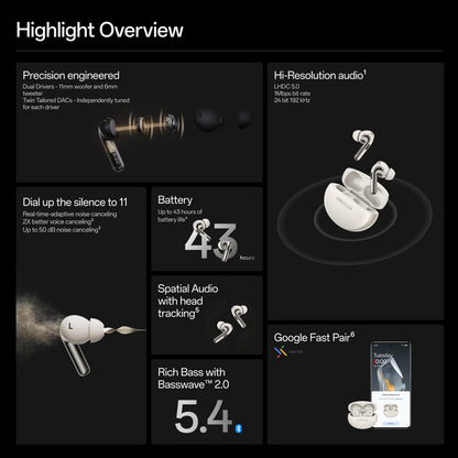 OnePlus Buds Pro 3, Wireless Bluetooth Earbuds, Noise Canceling Earbuds, Deep Bass, Immersive Sound, Up to 44 Hour Playtime with Charging case, Midnight Opus