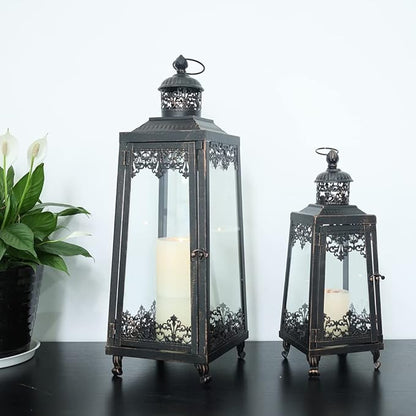 NEEDOMO Lanterns Decorative Outdoor & Indoor, Set of 2 Outdoor Lanterns for Porch,Large Candle Lantern, Bronze Metal Frame with Glass for Fall, Christmas
