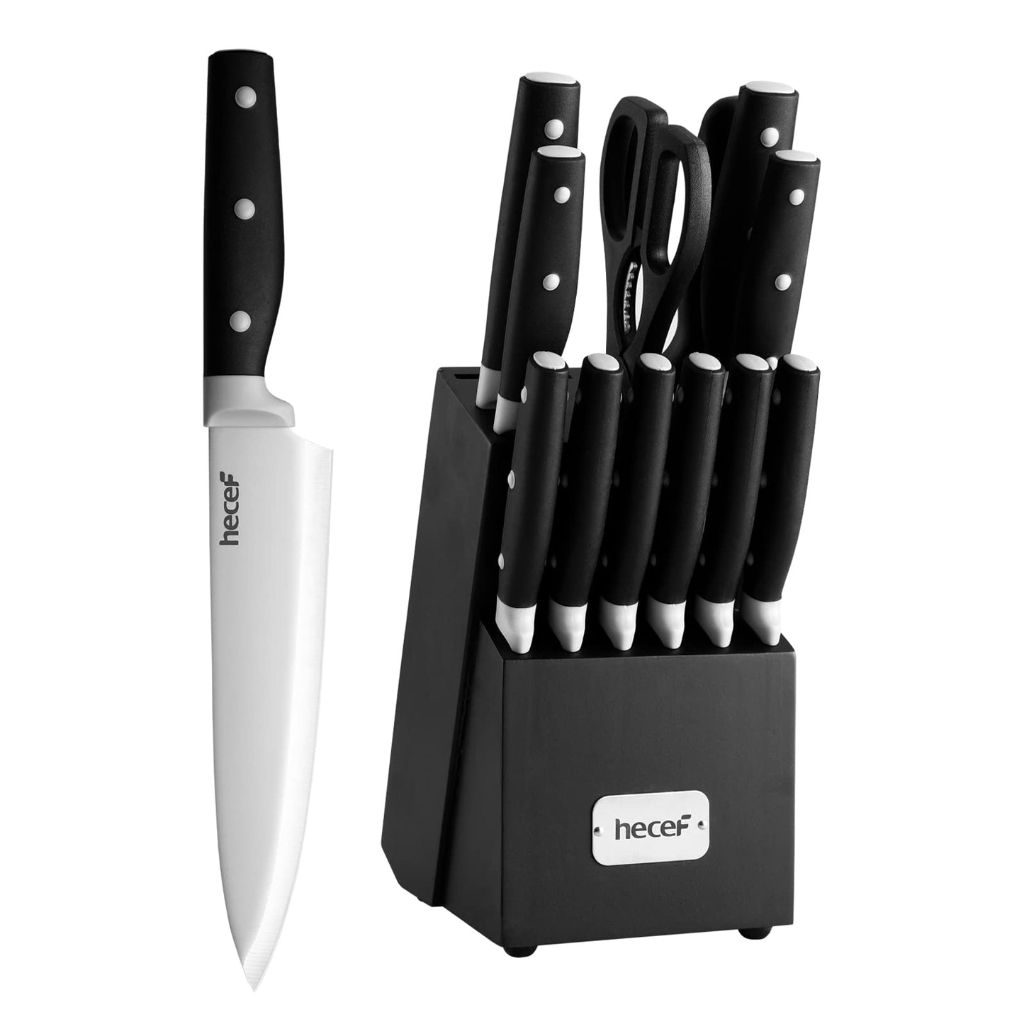 hecef Kitchen Knife Block Set, 14 Pieces Knife Set with Wooden Block & Sharpener Steel & All-purpose Scissors, High Carbon Stainless Steel Cutlery Set (Yellow)
