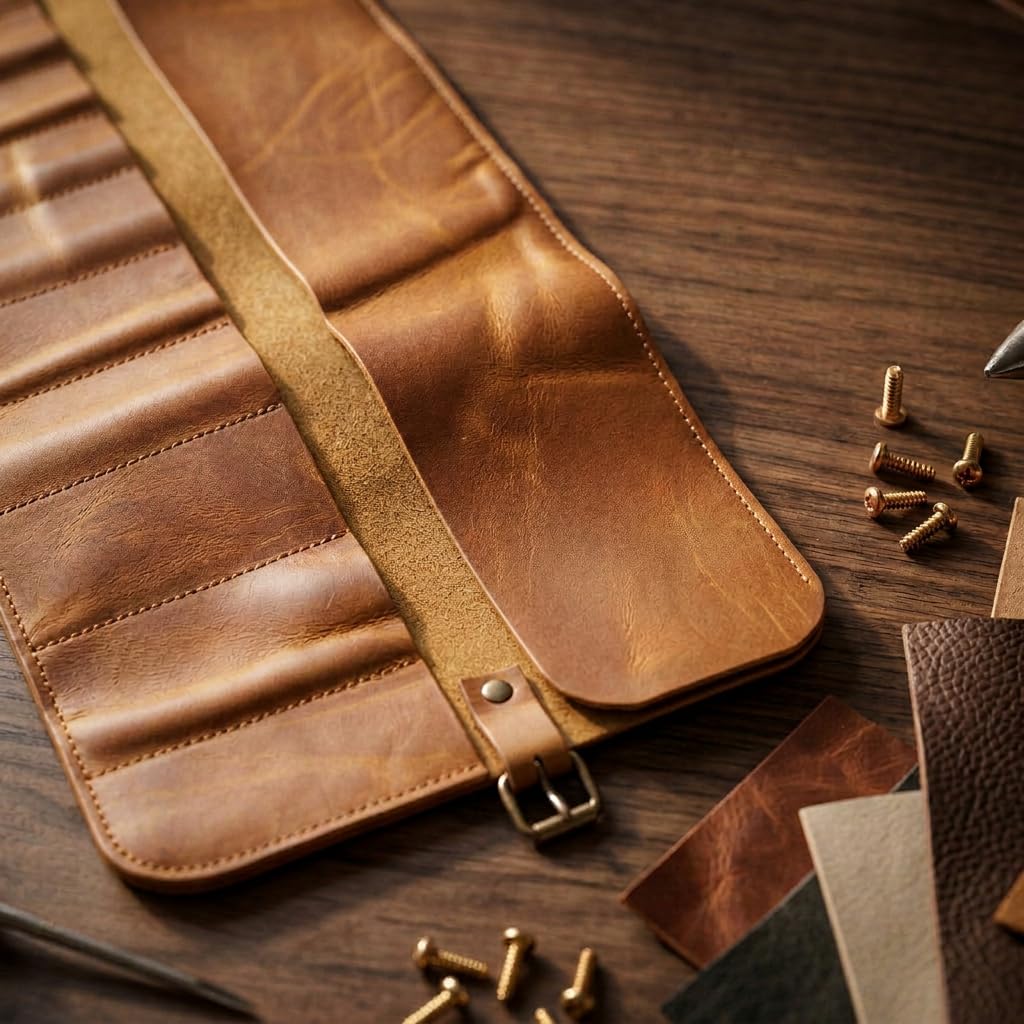 TORAKIP Genuine Leather Tool Roll – Compact Roll-Up Tool Organizer with Multiple Pockets for Wrenches, Screwdrivers & Pliers – Portable Leather Tool Storage Case, Warm Brown (Tools Not Included)