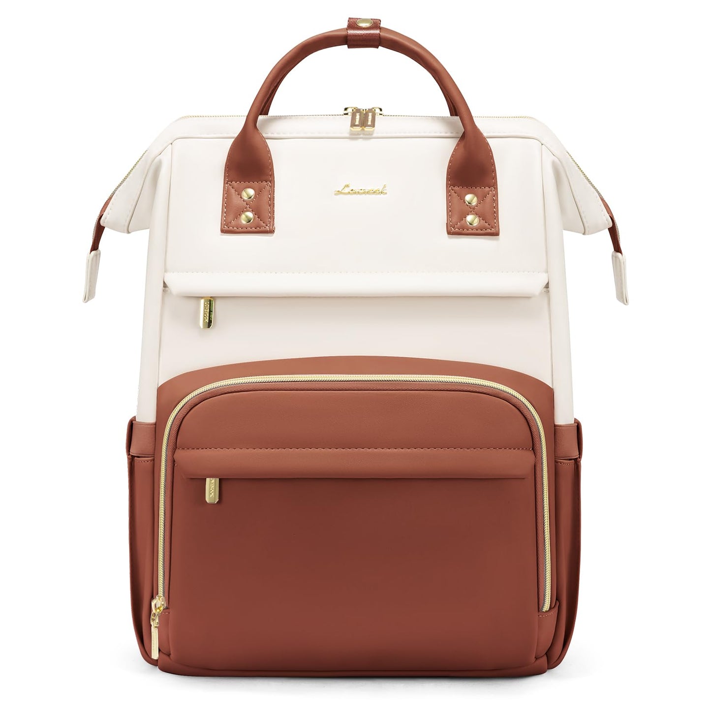 LOVEVOOK Leather Backpack for Women, 15.6 inch Laptop Backpack, Professional Work & Travel Bag, Women's Laptop Tote, Beige White-Brown