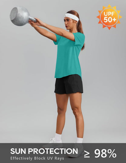 PINSPARK Moisture Wicking Shirts for Women Short Sleeve V Neck Quick Dry Workout Tops Athletic Gym Running T-Shirts Cooling,Teal Medium