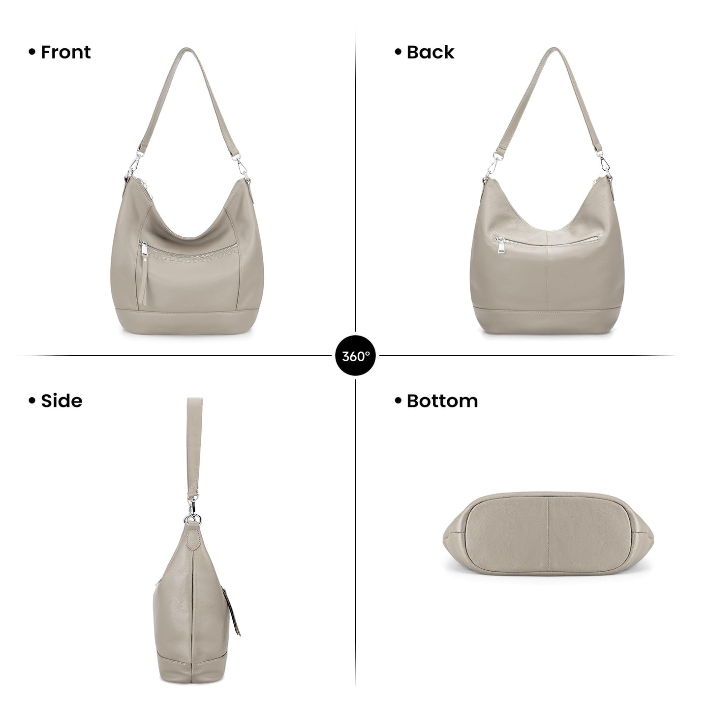 befen Soft Shoulder Purses for Women Genuine Leather, Medium Crossbody Hobo Purses for Women, Ladies 100 Percent Real Leather Purse, Lightweight Shoulder Handbags Beige Grey