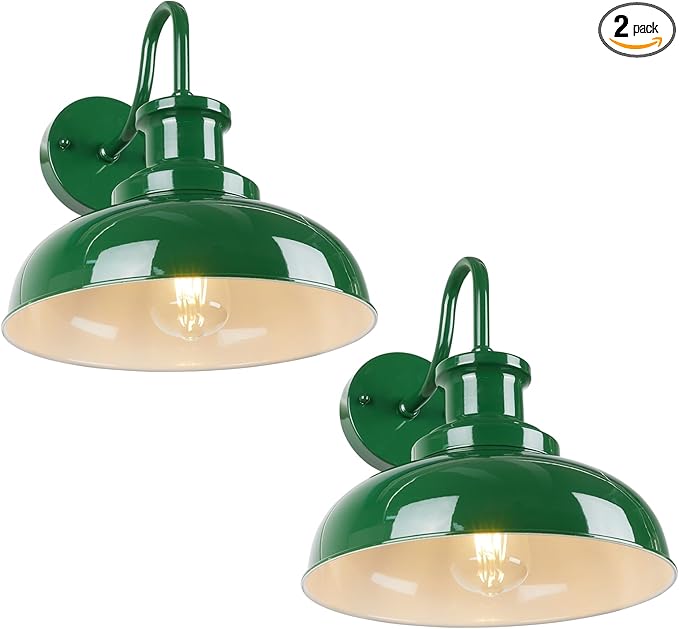 Outdoor Gooseneck Barn Lights - Rustic Farmhouse Exterior Mount Lights, Vintage Indoor/Outdoor Wall Lighting Fixtures, Industrial Green White Porch & Garage Lanterns - RZ007-2 GR+WH