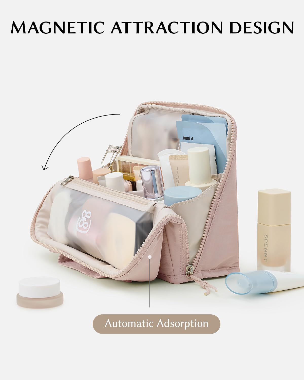 EACHY Standing Makeup Bag - Large Waterproof Cosmetic Bag & Toiletry Bag Organizer with Phone Holder, Detachable Dividers, Wipe-Clean Brush Pouch for Women