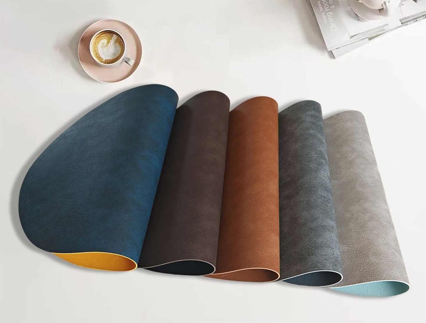 Oval Leather Placemats Set of 6 Washable,Heat Resistant Table Mats for Dining Table, Durable and Easy to Clean for Daily Use (Black Brown)