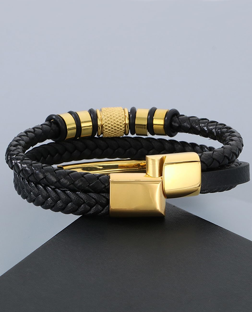 Kim Carrey Italian Handmade Genuine Leather Bracelets for Men Stainless Steel Clip, Men's Casual Genuine Multi-layer Cuff Bracelet, Bracelet Gift for Real Men (Golden)