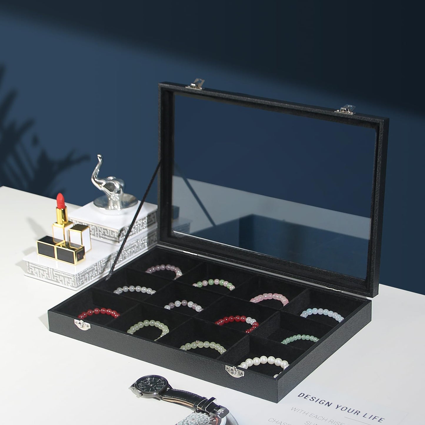 Coward Jewelry Organizer Box, Black Velvet 12 Grids Bracelet Bangle Necklace Jewelry Display Tray Case with Transparent Glass Lid for Home Drawer Desk or Store Selling Show