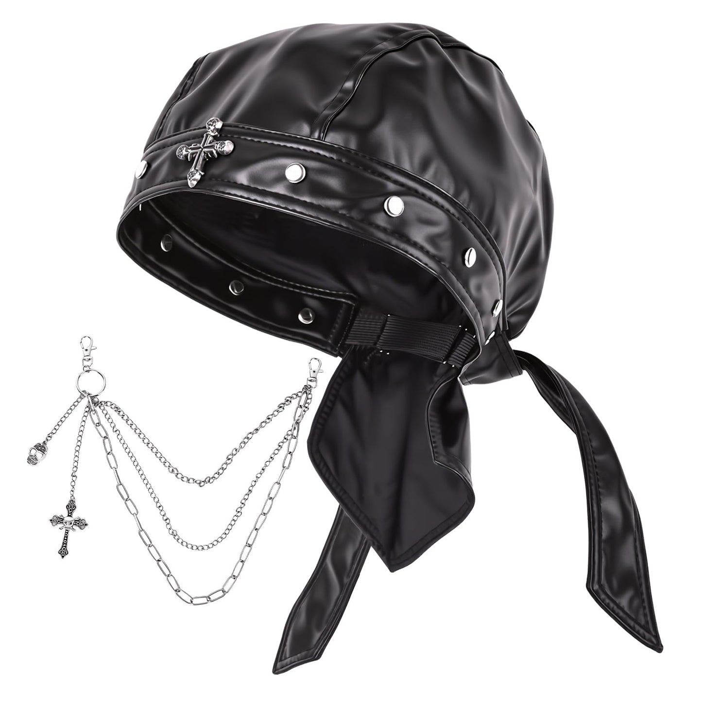 Vigdit Leather Biker Cap, Black Skull Cap for Women & Men, Adjustable Leather Punk Bandana Biker hat with Pants Chain