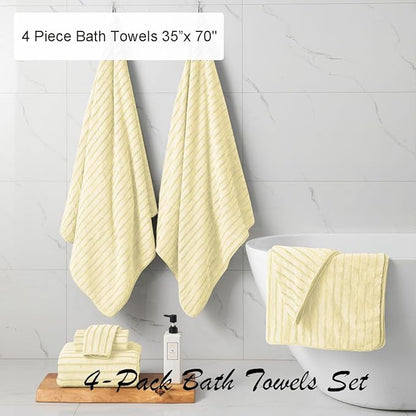 4 Pcs Light Yellow Cabana Stripe Large Bath Towels 35"x70" Oversized Bath Sheet