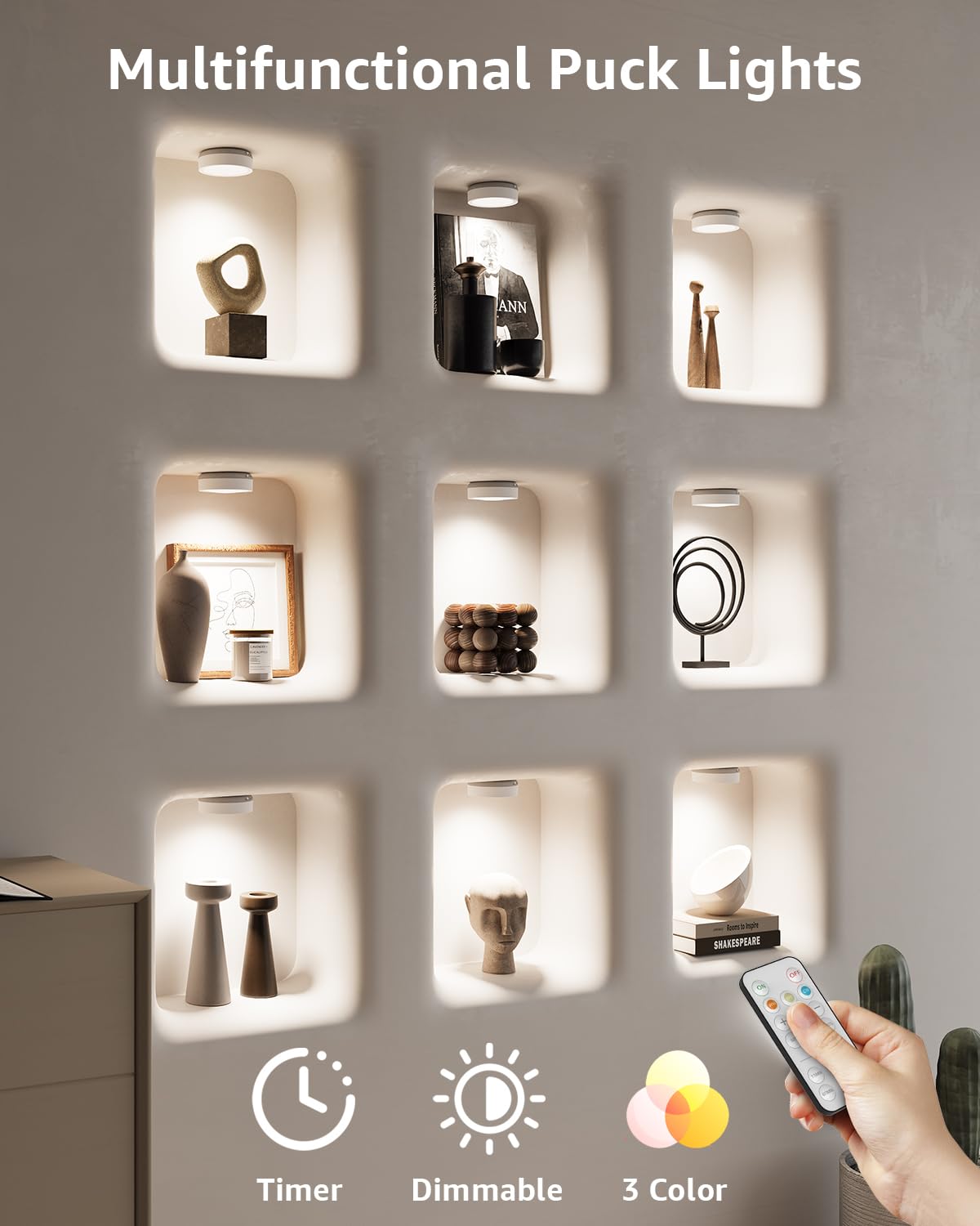 Rechargeable Puck Lights with Remote Control, 2400mAh Battery Powered LED Tap Light Push Lights Stick On for Closet USB Display Shelf Light Magnetic Under Cabinet Press Button Lighting for Classroom