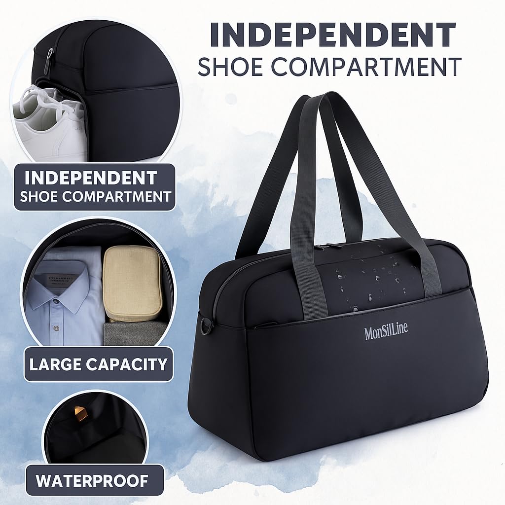 MonSiiLine Gym Bag for Women Men with Shoe Compartment, Waterproof Small Duffle Bag for Travel, Sports, Weekend Lightweight Carry on Tote Bag, Black, 27L