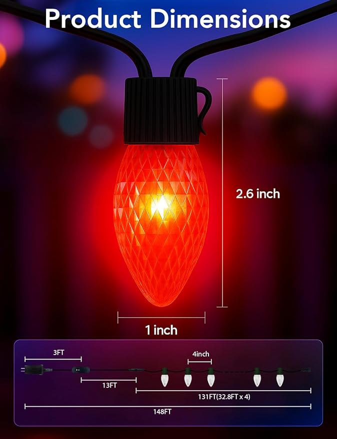Smart C9 Christmas Lights Outdoor, 132FT 200 LEDs, RGB Color Changing String Lights with Music Sync & DIY, 108 Modes, App Controlled Waterproof Lights for Large House, Wedding, Halloween decorations