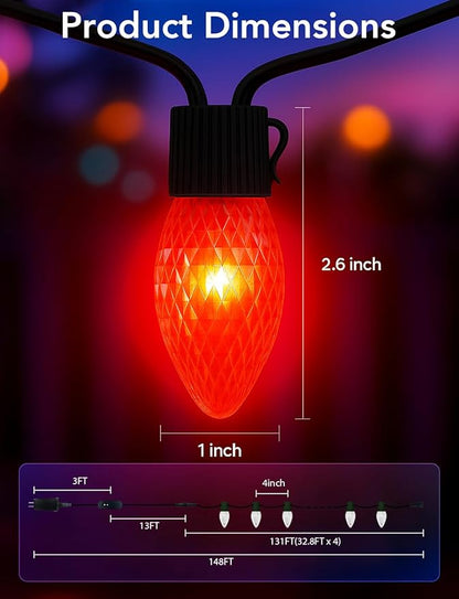 Smart C9 Christmas Lights Outdoor, 132FT 200 LEDs, RGB Color Changing String Lights with Music Sync & DIY, 108 Modes, App Controlled Waterproof Lights for Large House, Wedding, Halloween decorations