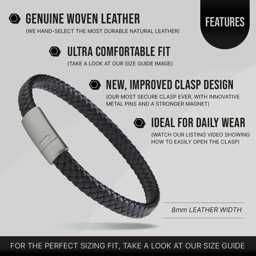 LUXAR Men’s Genuine Leather Bracelet | Interwoven Black Leather Bracelets with Brush Stainless Steel Clasp | Minimalist, Designer Jewelry for Men (Silver, Medium)